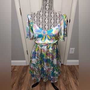 Mittoshop white satin floral off the shoulder mini dress